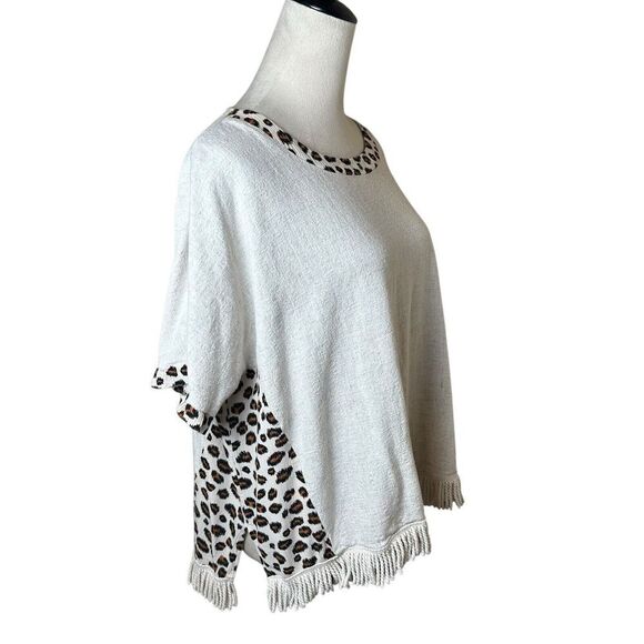 Umgee USA Linen Cotton Leopard Print Womens Oversized Large Fringe Boho Top - Picture 2 of 6